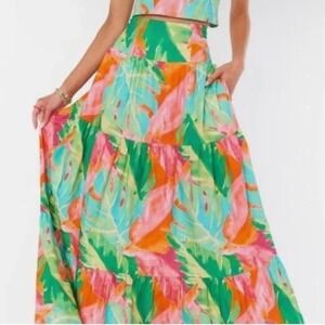 NWT Show Me Your Mumu Melody Maxi Skirt Tropics Palm Side Pockets Linen Blend XL